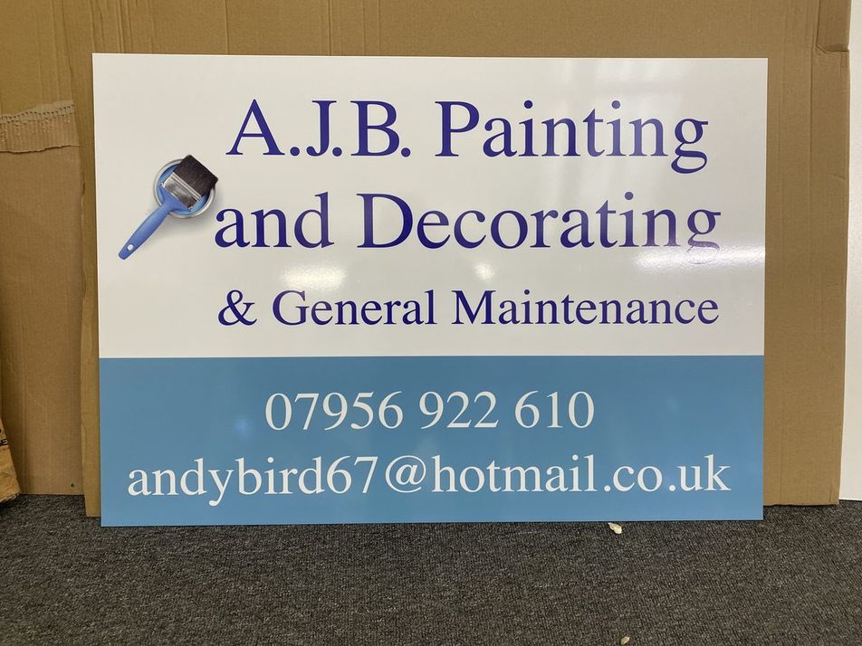 Finished A.J.B. Painting and Decorating & General Maintenance sign panel with paintbrush logo and contact details