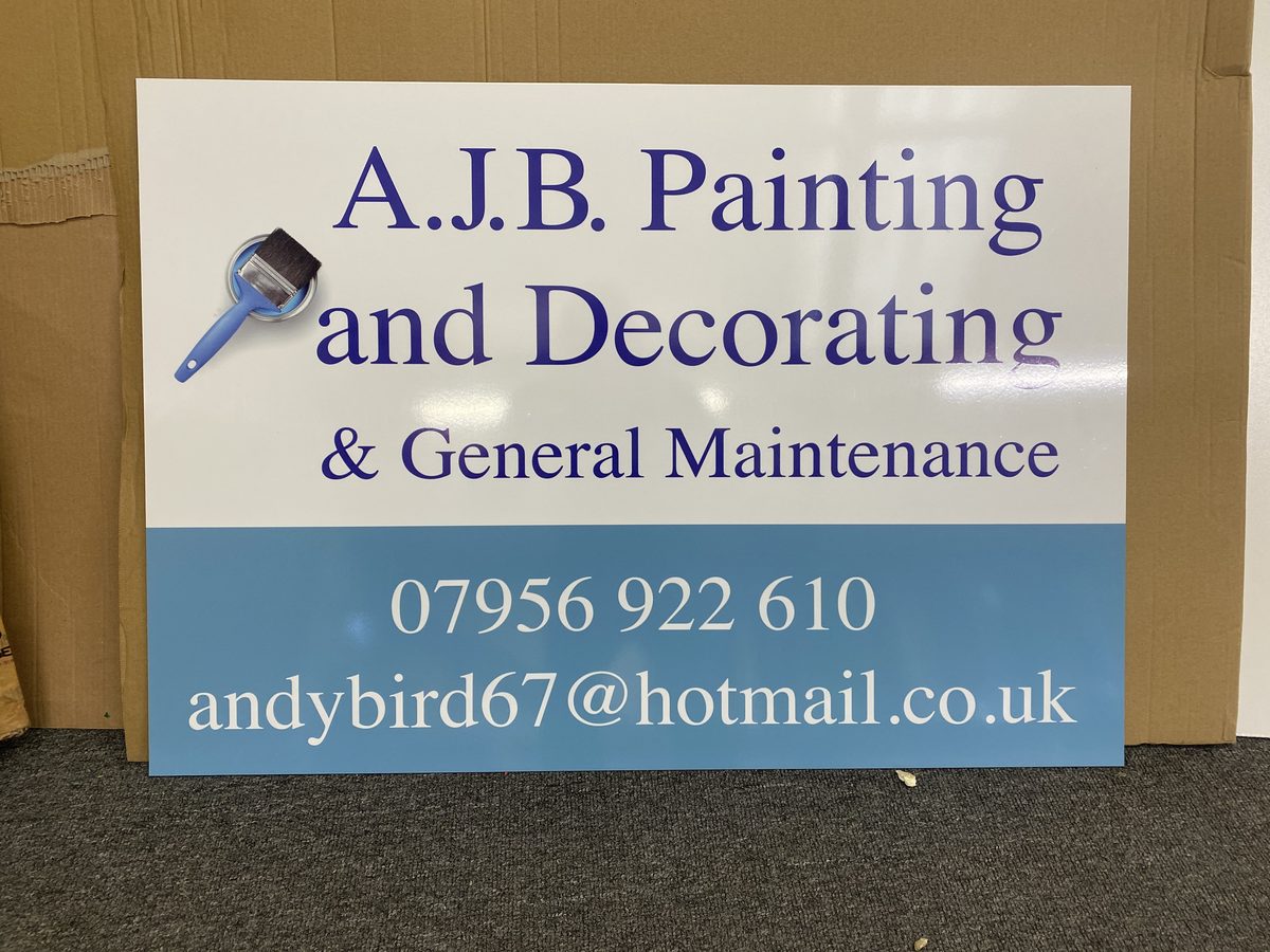 Finished A.J.B. Painting and Decorating & General Maintenance sign panel with paintbrush logo and contact details