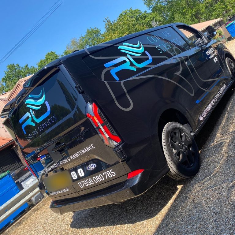 Black Ford Transit Custom with blue wave logo, Cooling Services and air conditioning installation lettering